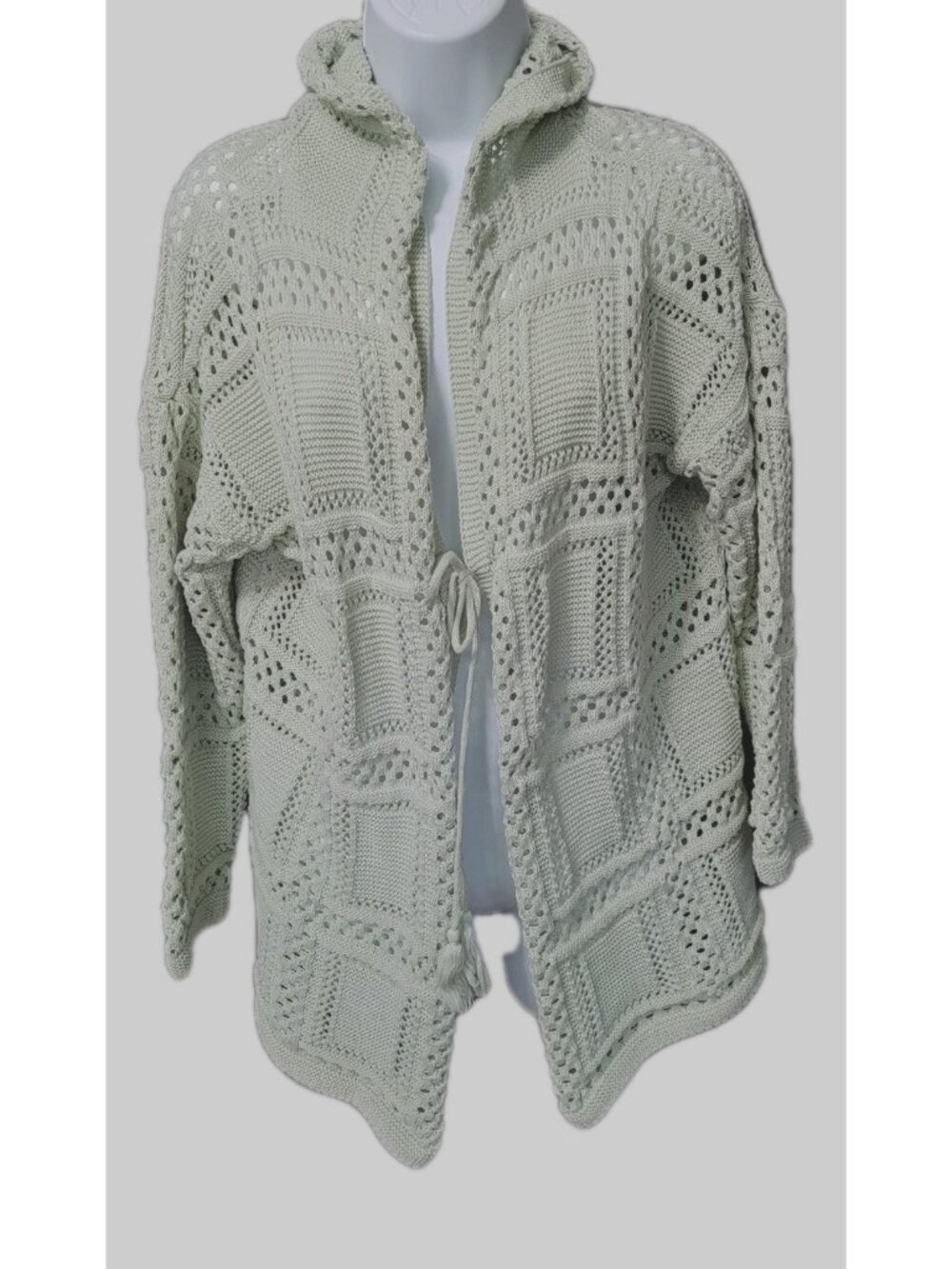 Willow‎ Root Hooded Cardigan  Sweater S Crochet Women Bohemian Cozy Light Green